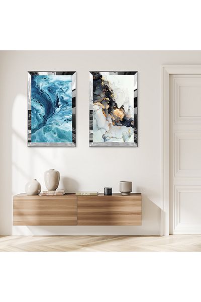 Zevahir Mobilya Dekorasyon SET DE MASA MDF DUBLA BLUE SEA WAVES CU CADRU DE PLEXY CU Oglinda SILVER