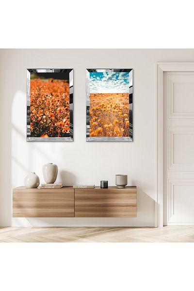 Zevahir Mobilya Dekorasyon SET DE MASA MDF DUBLA DE GRADINA DE FLORI MODERNA PORTOCALIE CU CADRU DE PLEXY CU OGLINDA SILVER