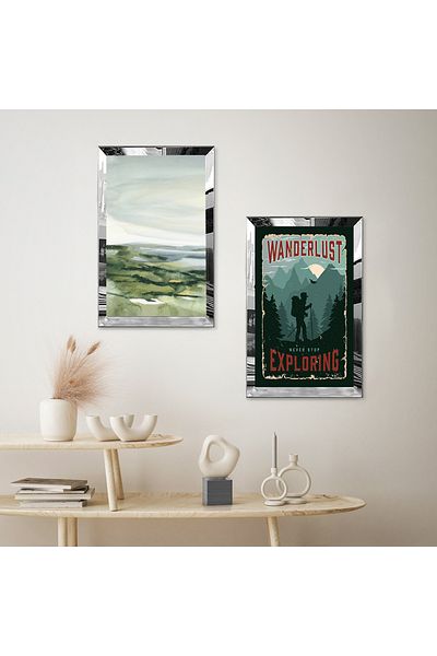 Zevahir Mobilya Dekorasyon SET DE PICTURI DECORATIVE BILATERALE MDF BANER MODERN CU CADRU DE PLEXY CU OGLINDA SILVER SI VISTA MARINA VERDE