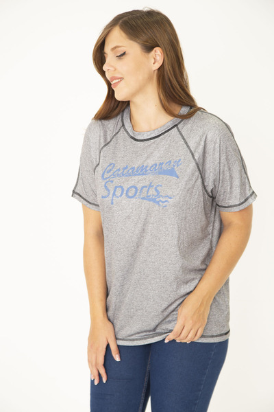 Şans Women's Large Size Gray Raglan Sleeve Coverstitched Sports Blouse 65N36951