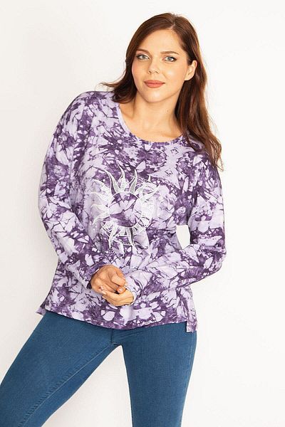 Şans Women's Large Size Purple Batik Printed Sweatshirt 65n34770