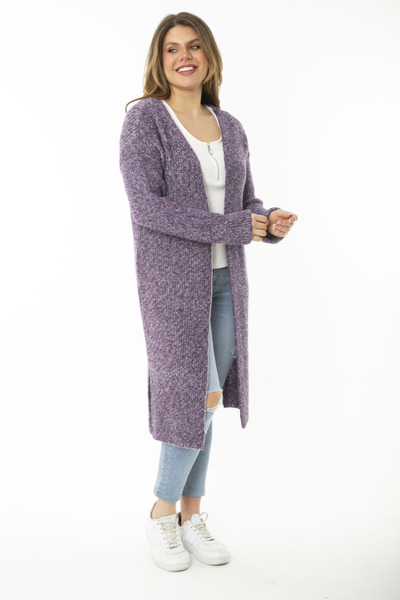 Şans Women's Large Size Purple Slit Thick Knitwear Long Cardigan 65N37166