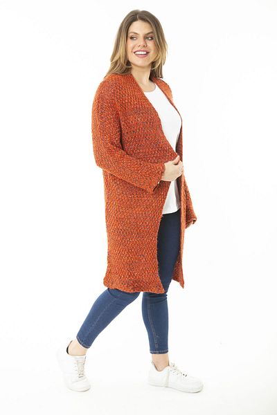 Şans Women's Large Size Orange Thick Knitwear Cardigan 65N37168