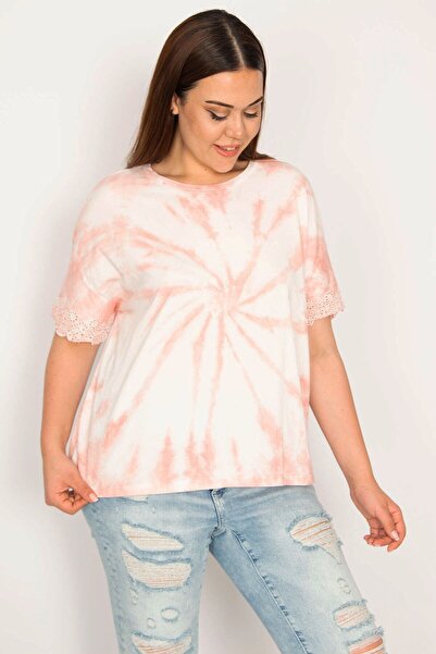 Şans Women's Large Size Salmon Batik Patterned Blouse with Lace Detail at Cuff 65n33289