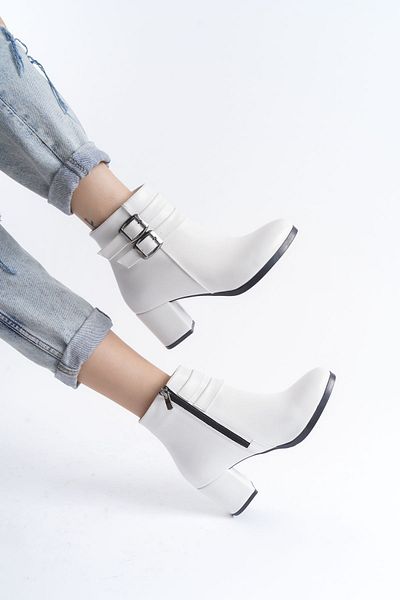 marinarosse Women's White Skin Double Buckle Short Boots