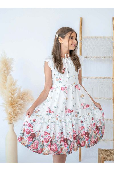 Stayele Beautiful White Floral Dress with Eyelet Lace Collar for Girls