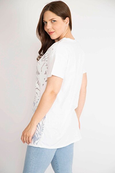 Şans Γυναικεία λευκή μπλούζα μεγάλου μεγέθους Flocked μπροστινή λαιμόκοψη κοντομάνικη μπλούζα 65n36340