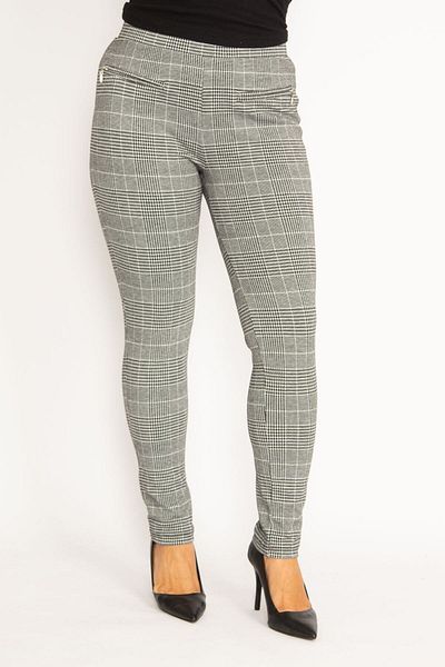 Şans Women's Large Size Gray Plaid Pattern Ornamental Zipper Pocket Tights 65n34810