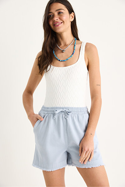 Bianco Lucci Kadın Beli Lastikli Cep Detaylı Yüksek Bel Paçası Püsküllü Kısa Keten Şort YP5322 60283389