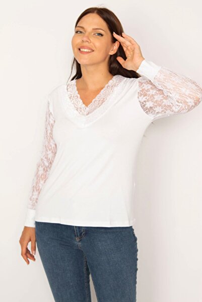 Şans Bluză albă cu guler și mâneci din dantelă cu decolteu în V pentru femei 65n34528