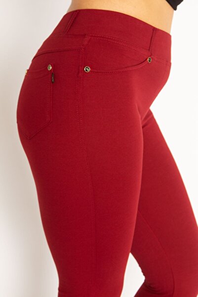 Şans Women's Large Size Claret Red Leggings with Front Ornamental Pocket and Back Pocket 65n34862