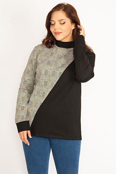 Şans Women's Large Size Gray Plaid Sweatshirt 65n34755