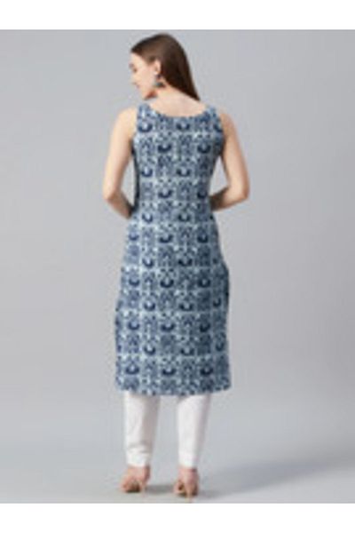 IndHeritage Premium cotton office / casual sleeveless kurti - Blue & white printed kurti / kurta for women