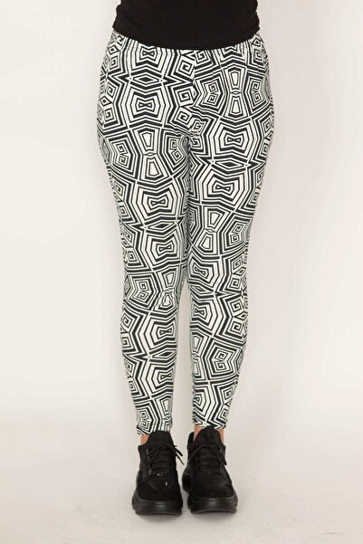 Şans Women's Large Size Black Geometric Patterned Leggings Trousers 65n32363
