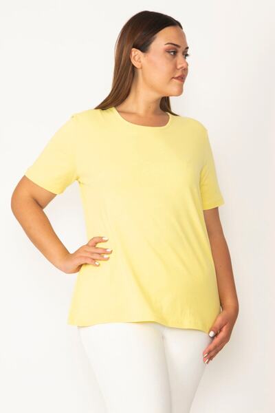 Şans Women's Large Size Yellow Cotton Fabric Crew Neck Short Sleeve Blouse 65n29545