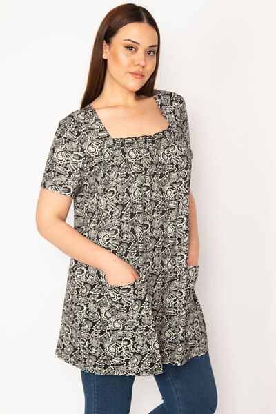 Şans Women's Large Size Black Collar Gipe Rubber and Pocket Detailed Tunic 65n32938