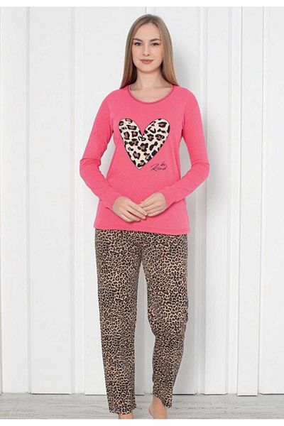 Intisimo Women's Pajamas, Long Sleeve, Heart, Cotton, Pink/animal Print - L