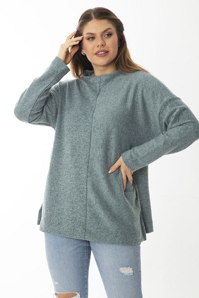 Şans Women's Large Size Green Wool Viscose Fabric Crew Neck Side Slit Tunic 65N37019