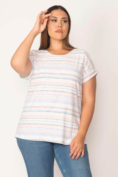 Şans Women's Large Size Colorful Reverse Print Cotton Fabric Blouse 65n28610