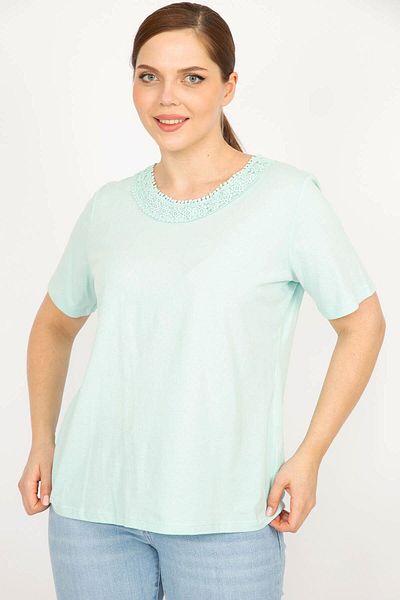 Şans Women's Green Large Size Cotton Fabric Lace Detailed Blouse 65n35923