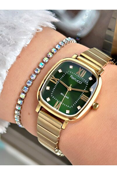 Ferrucci FERRUCCİ YEŞİL KADRANLI KARE GOLD TAŞ RAKAMLI GOLD METAL KADIN KOL S...