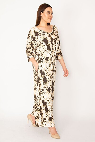 Şans Women's Large Size Brown Tie-Dye Patterned Wide-Leg Jumpsuit with Elastic Waist Part and Pocket Detail 65n32913