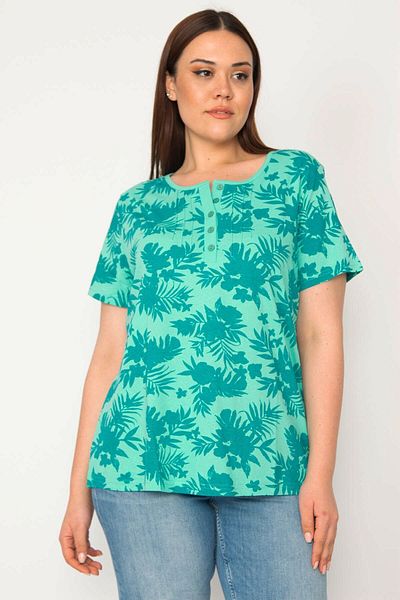 Şans Women's Large Size Green Cotton Fabric Ribbed Stitched Placket Buttoned Blouse 65n32946