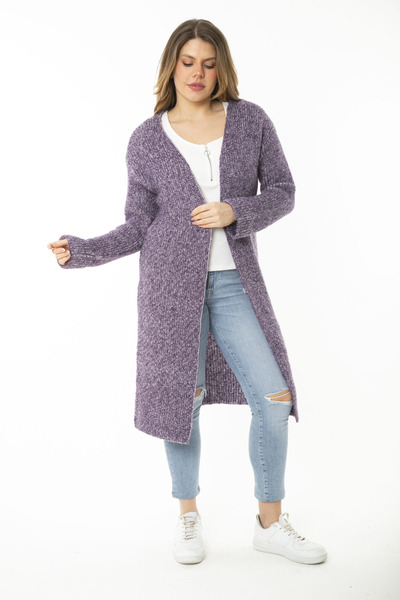 Şans Women's Large Size Purple Slit Thick Knitwear Long Cardigan 65N37166