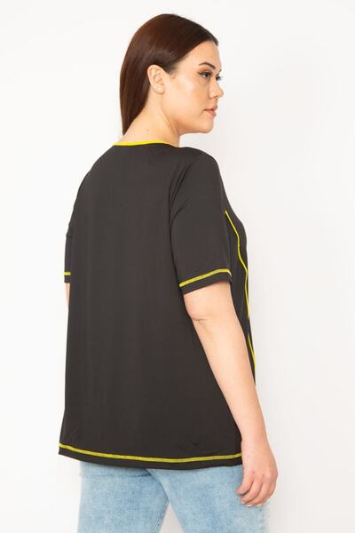 Şans Women's Large Size Black Collar Bias Sports Blouse 65n32945