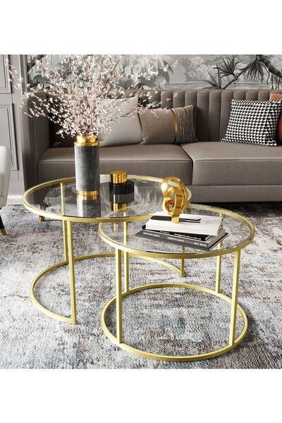 Dekoport Milas Mat Gold (ESKİTME) Orta Sehpa - Temperli Şeffaf Cam