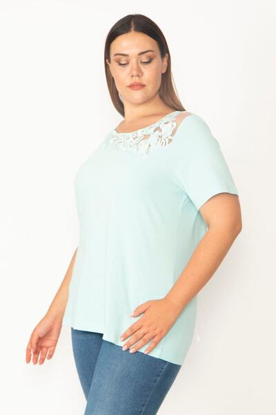 Şans Γυναικεία Πράσινη Μπλούζα Δαντέλα γιακά από Βαμβακερό Μεγάλο Μέγεθος 65n35688