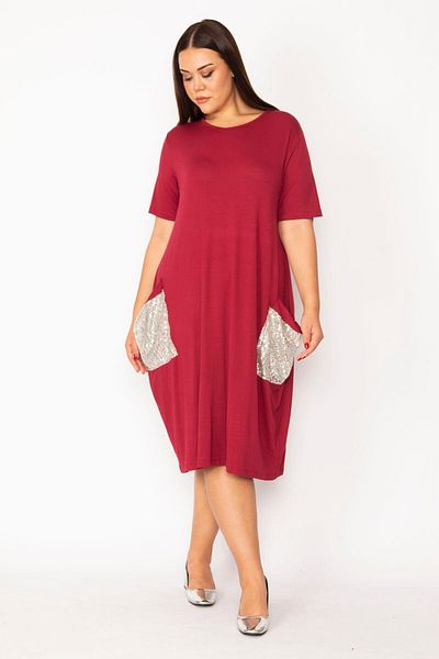 Şans Γυναικείο μεγάλο μέγεθος Claret Red Pocket Sequin Λεπτομερές φόρεμα βισκόζης 65n28931