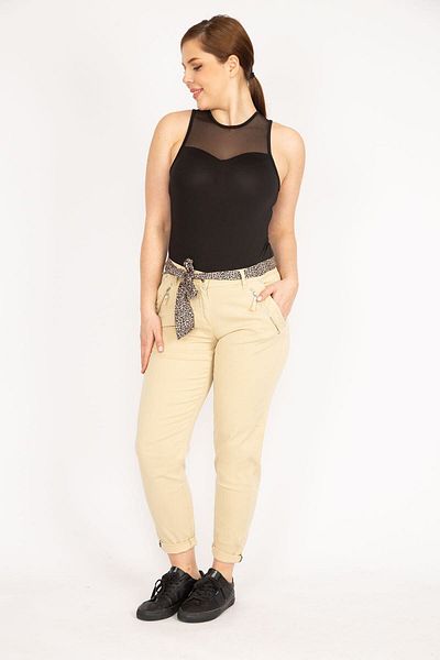 Şans Women's Camel Large Size Fabric Belted Double Leg Pocket Zipper Detailed Lycra Gabardine Trousers