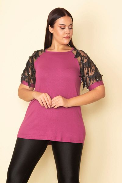 Şans Women's Large Size Dusty Rose Sleeves Tulle Sequin Detailed Blouse 65n28746