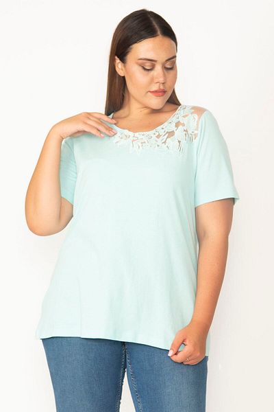 Şans Women's Green Large Size Cotton Fabric Collar Lace Blouse 65n35688