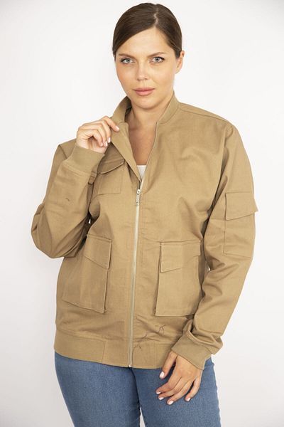 Şans Women's Camel Plus Size Front Zippered Pocket Detailed Unlined Coat 65n36649