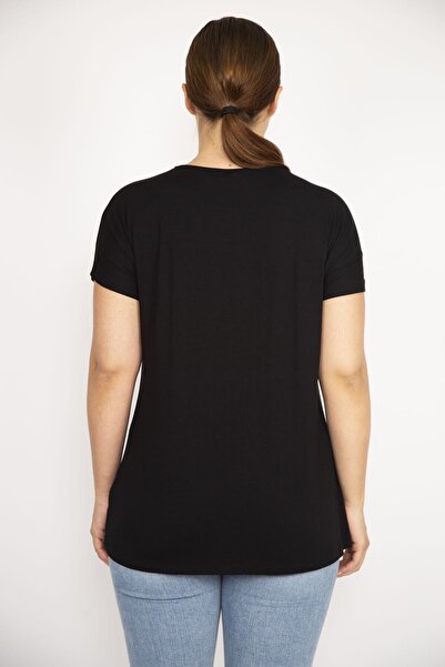 Şans Women's Black Plus Size Bike Collar Short Sleeve Long Back Blouse 65n36549