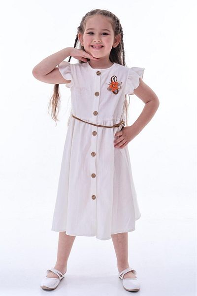 minitrends Bürümcük Fabric Accessory Girl's Dress with Wooden Buttons