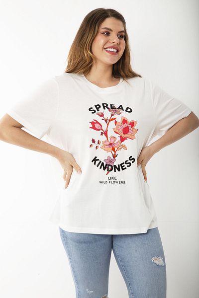 Şans Women's Plus Size Bone Front Printed Short Sleeve Blouse 65N37241