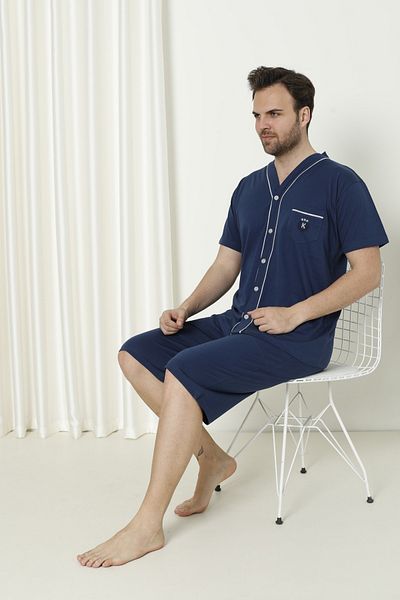 KAPİTEX Set de pijamale pentru bărbați, cu mâneci scurte, cu nasturi, Capri Indigo Color - Cadou de Ziua Tatălui