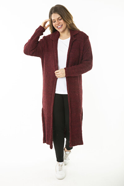 Şans Women's Large Size Claret Red Slit Thick Knitwear Long Cardigan 65N37131