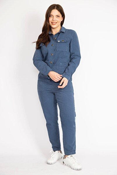 Şans Women's Indigo Large Size Front Buttoned Gabardine Jumpsuit 65n36260