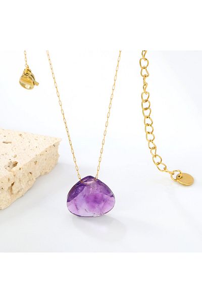 Janset Natural Stone Amethyst Drop Necklace - Natural Stone Necklace with 316L Steel Chain - Ghost Chain Necklace