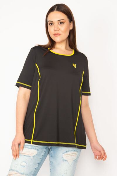 Şans Women's Large Size Black Collar Bias Sports Blouse 65n32945