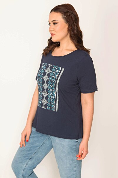 Şans Women's Large Size Navy Blue Lame Printed Crew Neck Short Sleeve Blouse 65n32178