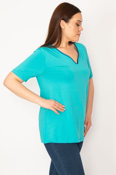 Şans Women's Turquoise Plus Size Collared Sport Blouse 65n35618