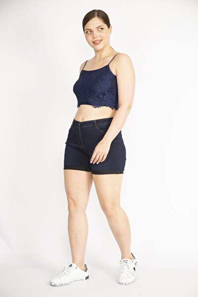 Şans Women's Navy Blue Large Size Double Leg Lycra Skinny Denim Shorts 65n36463