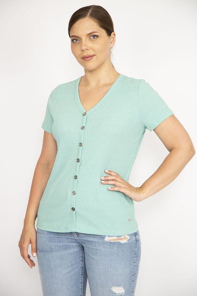 Şans Women's Green V-Neck Front Ornamental Buttoned Camisole Fabric Short Sleeve Blouse 65n36550