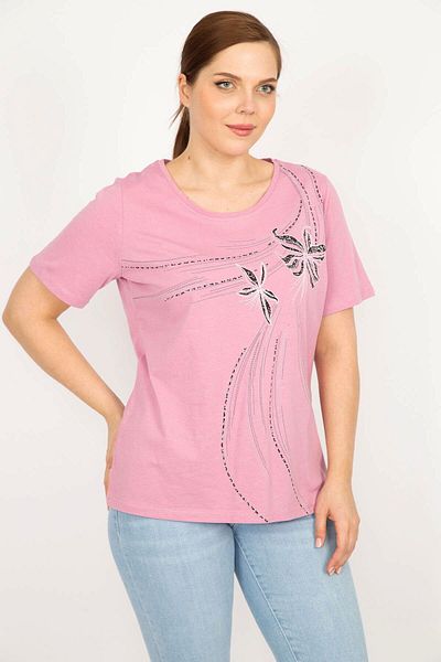 Şans Women's Pink Plus Size Cotton Fabric Front Printed Blouse 65n35926