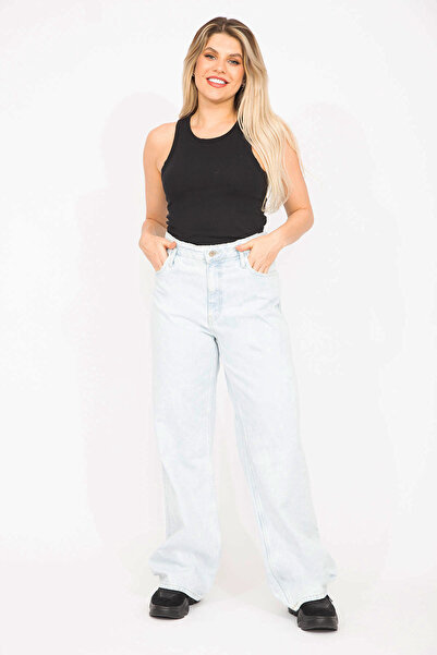 Şans Női nagy méretű kék mosás hatású szakadt, részletes, magas derekú farmernadrág 65N36779